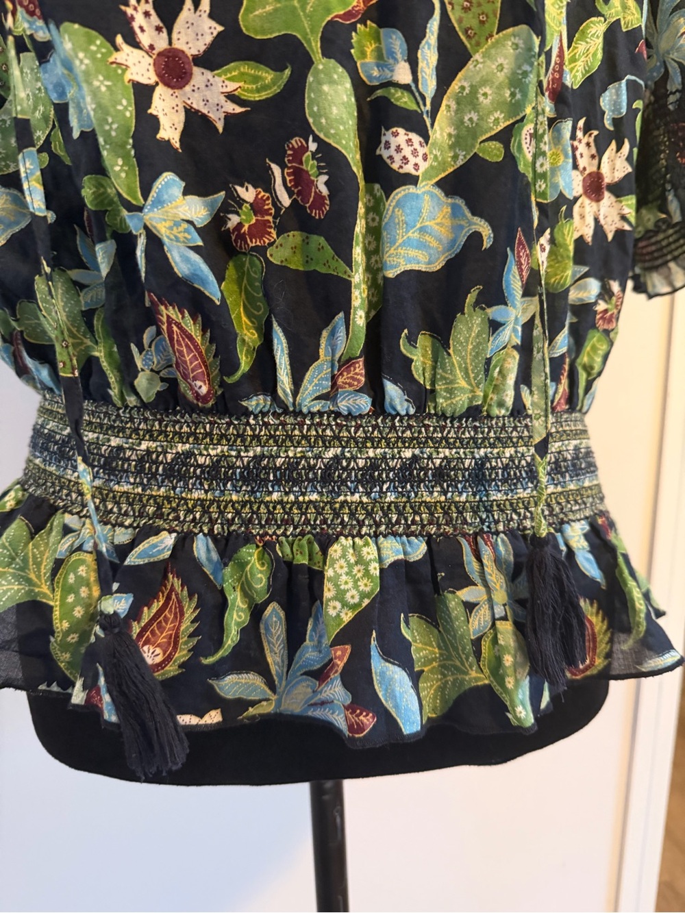 Tory Burch Black Floral Smocked Peasant Blouse Tropical Boho Print - Picture 3 of 7
